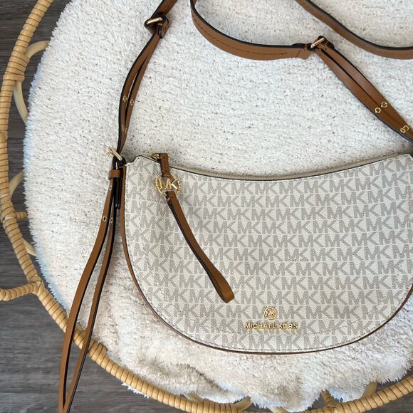 Michael Kors Half Moon White Monogrammed Leather Tassel Side Body Purse - Picture 7 of 11